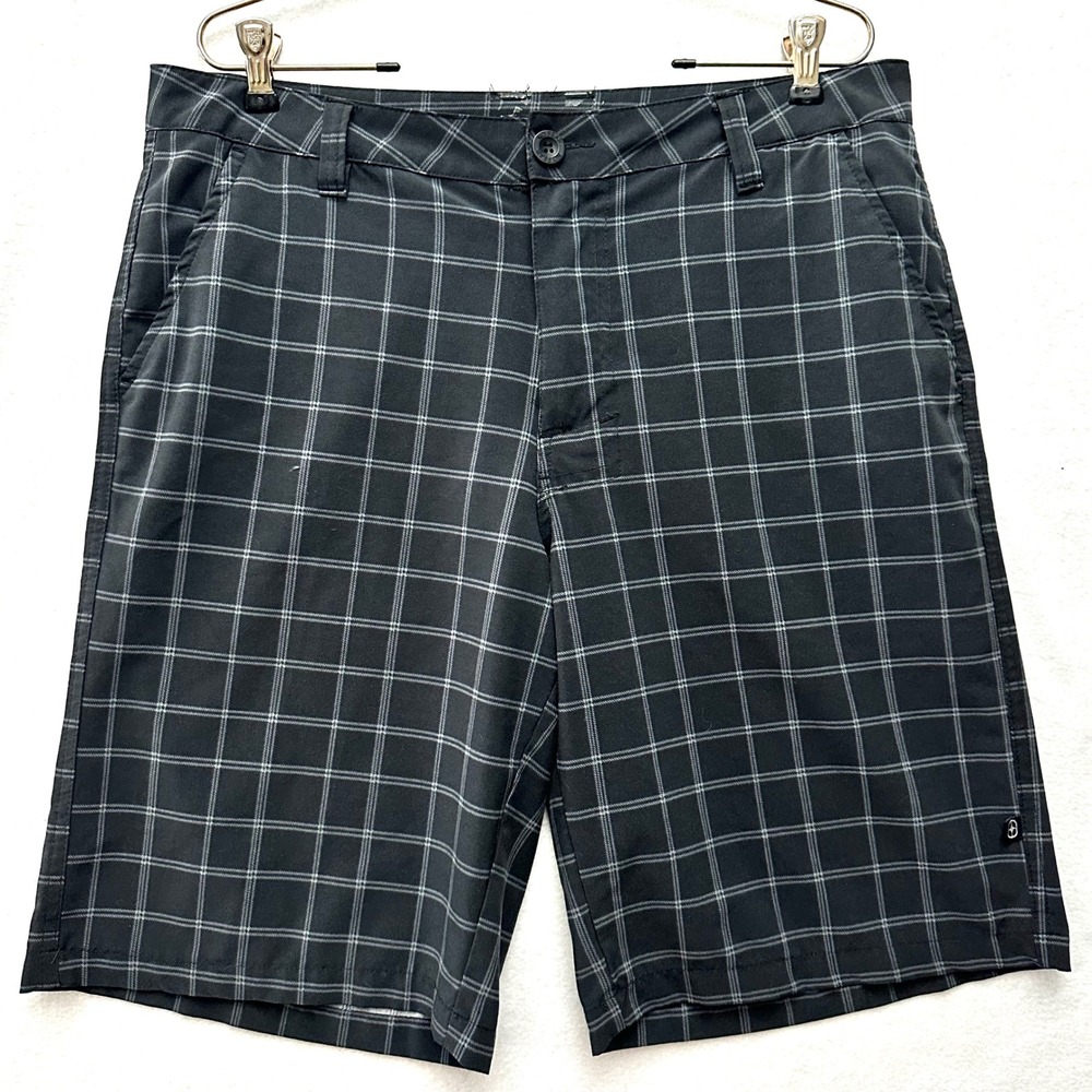 No Fear Mens 34 Plaid Hybrid BoardShorts Black Windowpane Skater Grunge